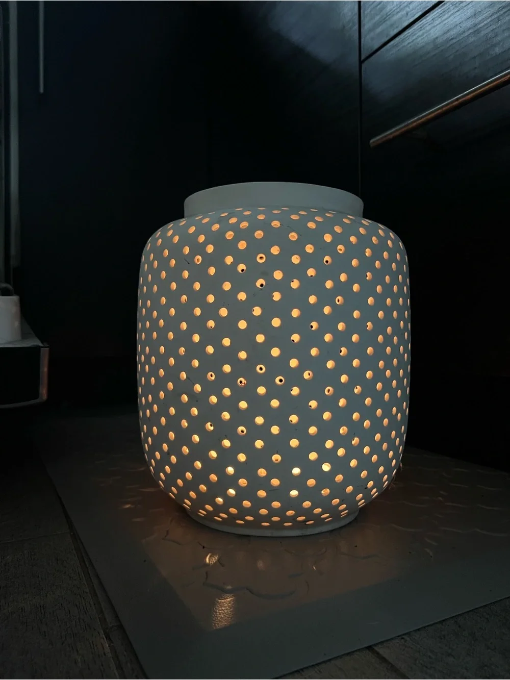 West Elm White Pierced Ceramic Lantern owned for 10 years
